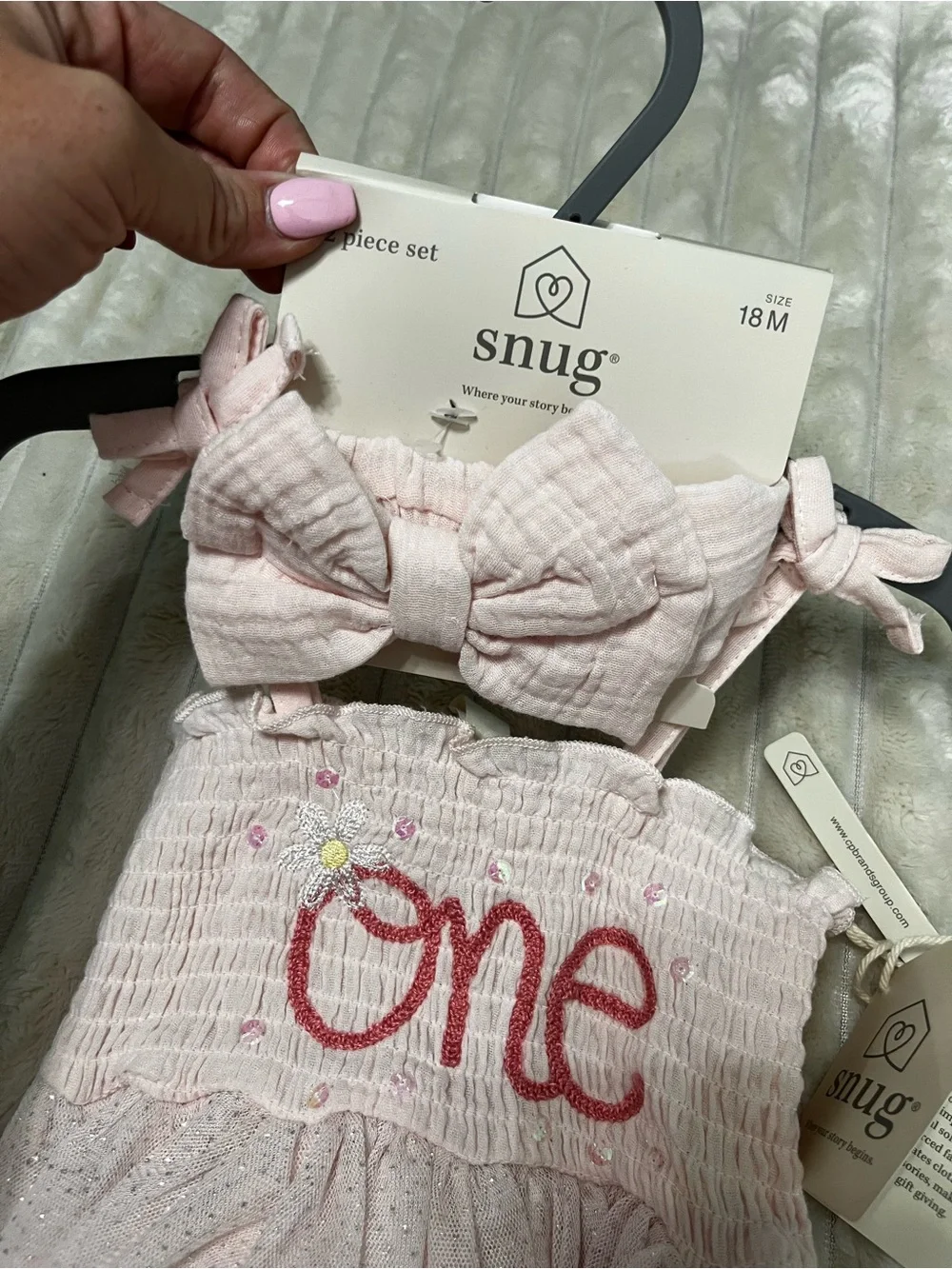 Snug Baby Girls Pink 'One' Tulle One-Piece with Bow Headband